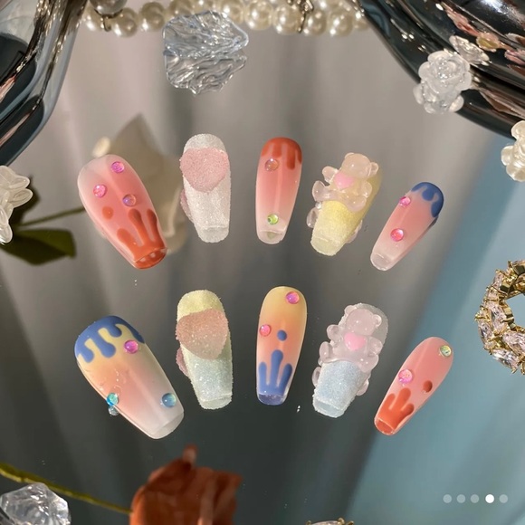 Handmade press-on matte nails w/color drops & candy charms(Free glue included!) - Picture 3 of 8